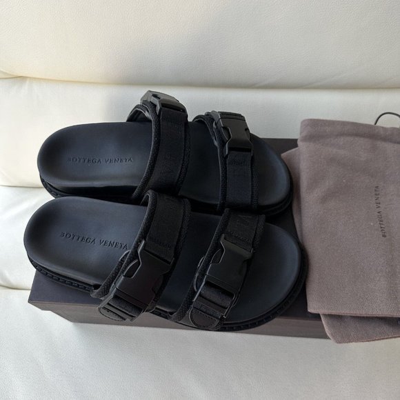 NEW BOTTEGA VENETA Leather & Canvas Jacquard Logo Strap Slide Sandals Sz 39 - Picture 5 of 9